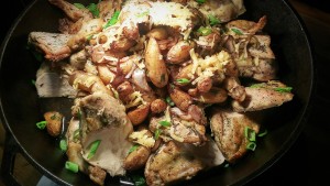 Oven Roasted Airline Chicken with fingerling potatoes, balsamic, onion, smoked gouda