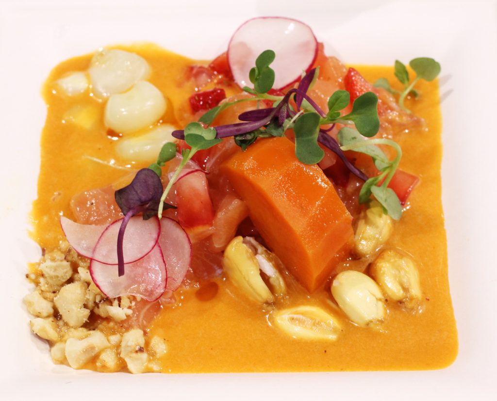 Ceviche Nikkei, salmon, panca yuzu leche de tigre, strawberries, radish, cancha, sweet potato, chorizo oil, foodie, farm shed dinner, pacha chefs, tres dallas, dallas farmers market