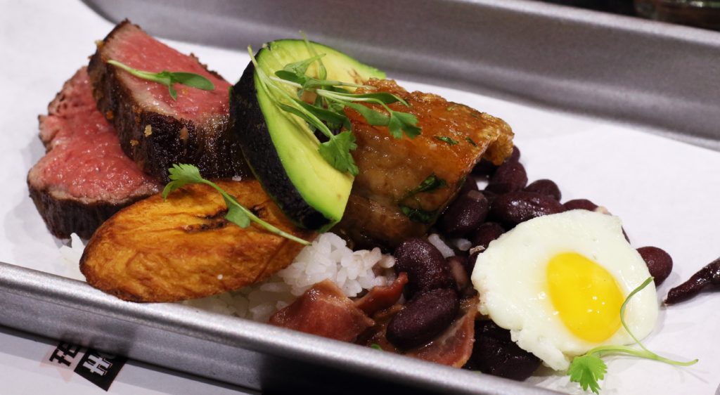 Mini Bandeja Paisa, beef tenderloin, chicharron, red beans, jasmine rice, ahogado, torched avocado, foodie, farm shed dinner, pacha chefs, tres dallas, dallas farmers market