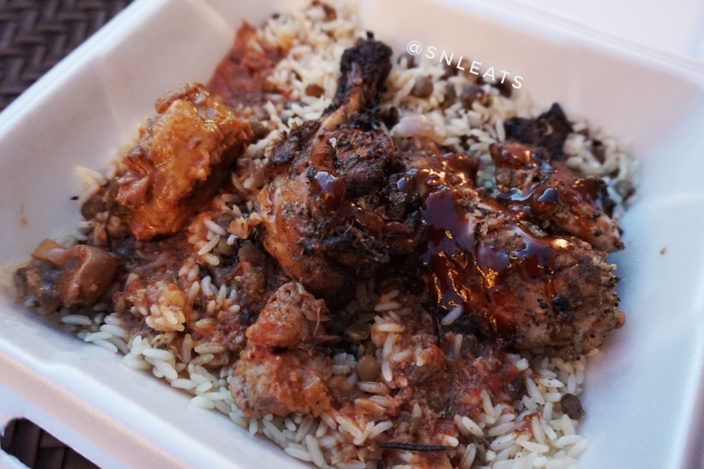 Jerk Chicken on lentil rice with Oxtail Gravy