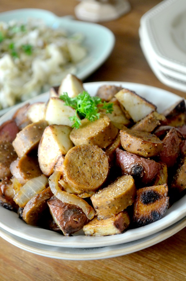 vegan sausage and potatoes
